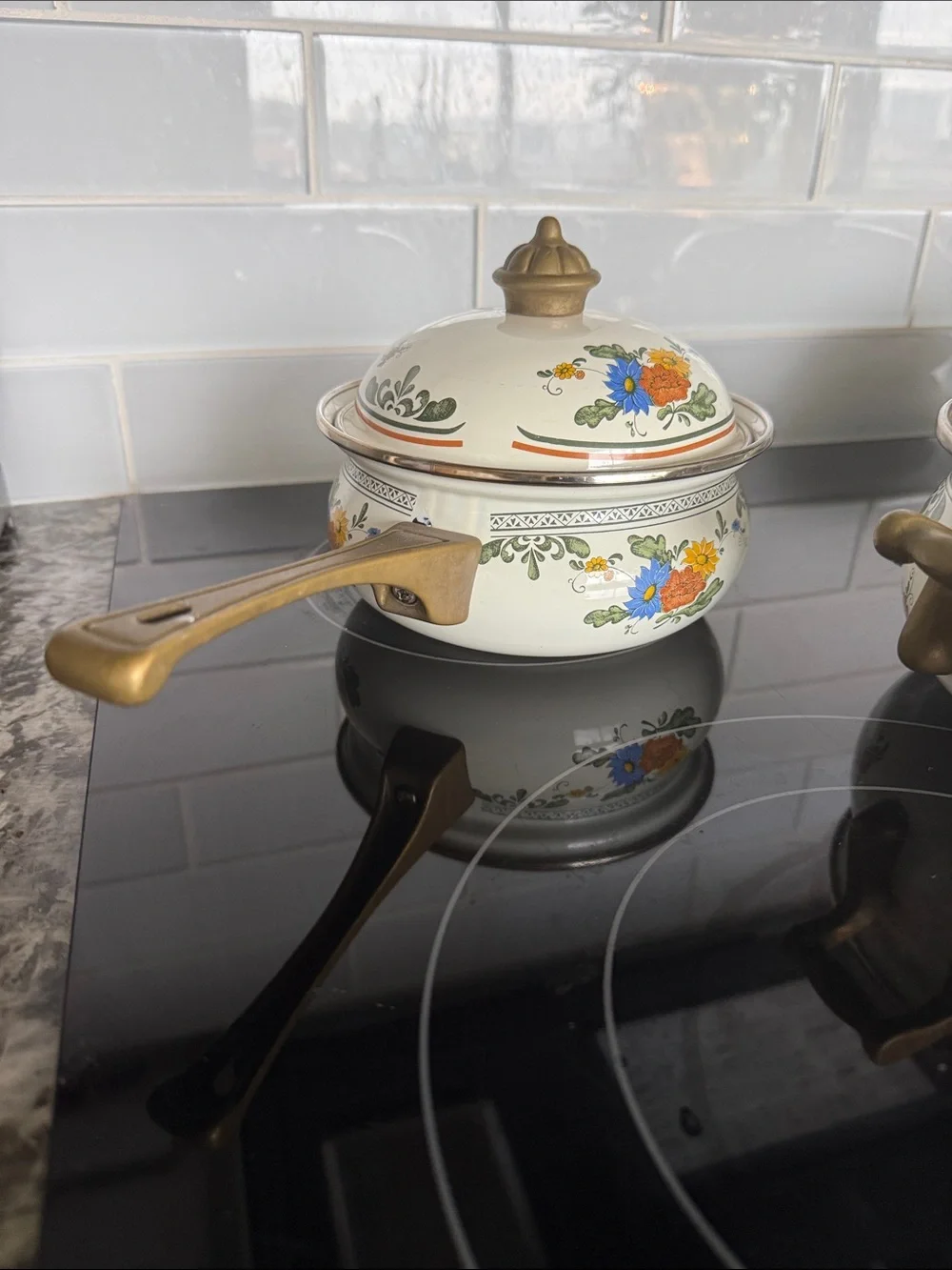 Vintage ASTA Fissler Style Enamelware Cookware Set Floral & Brass 3 Lidded Pots